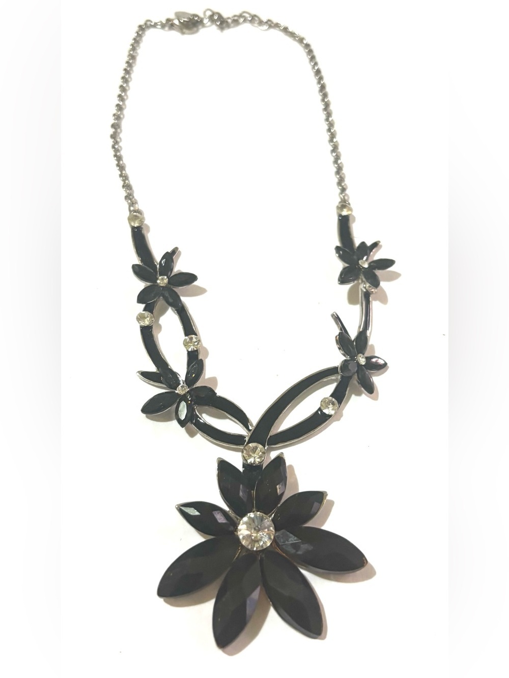 Vintage Black Floral Necklace with Clear Crystal Accents
